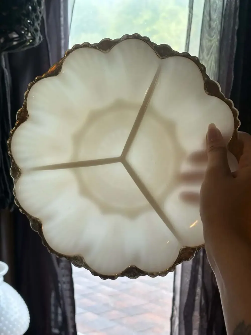 Vintage Fire-King Anchor Hocking Milk Glass Divided Serving Dish w 22K Gold Trim